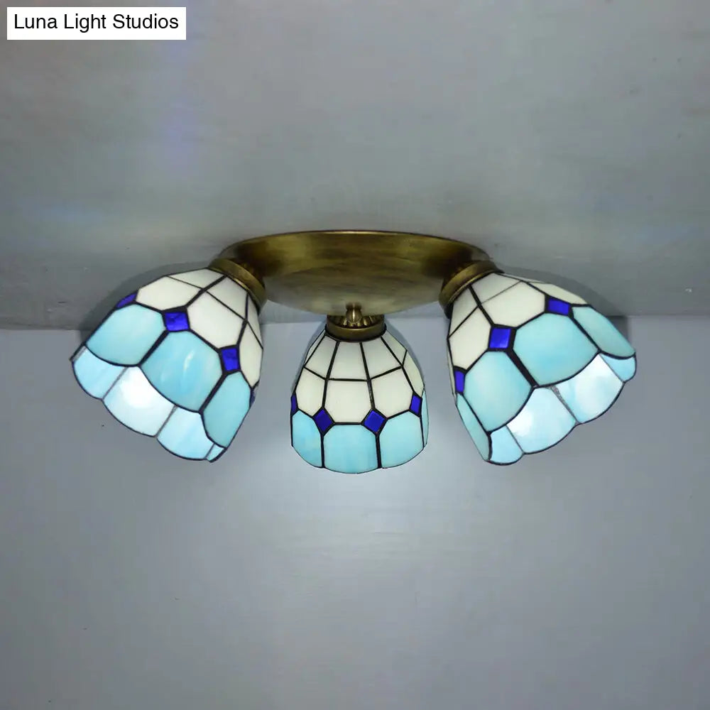 Tiffany Dome Stained Glass Ceiling Fixture with 3 Lights - Flush Mount Light in Colorful Hues, Perfect for Dining Room