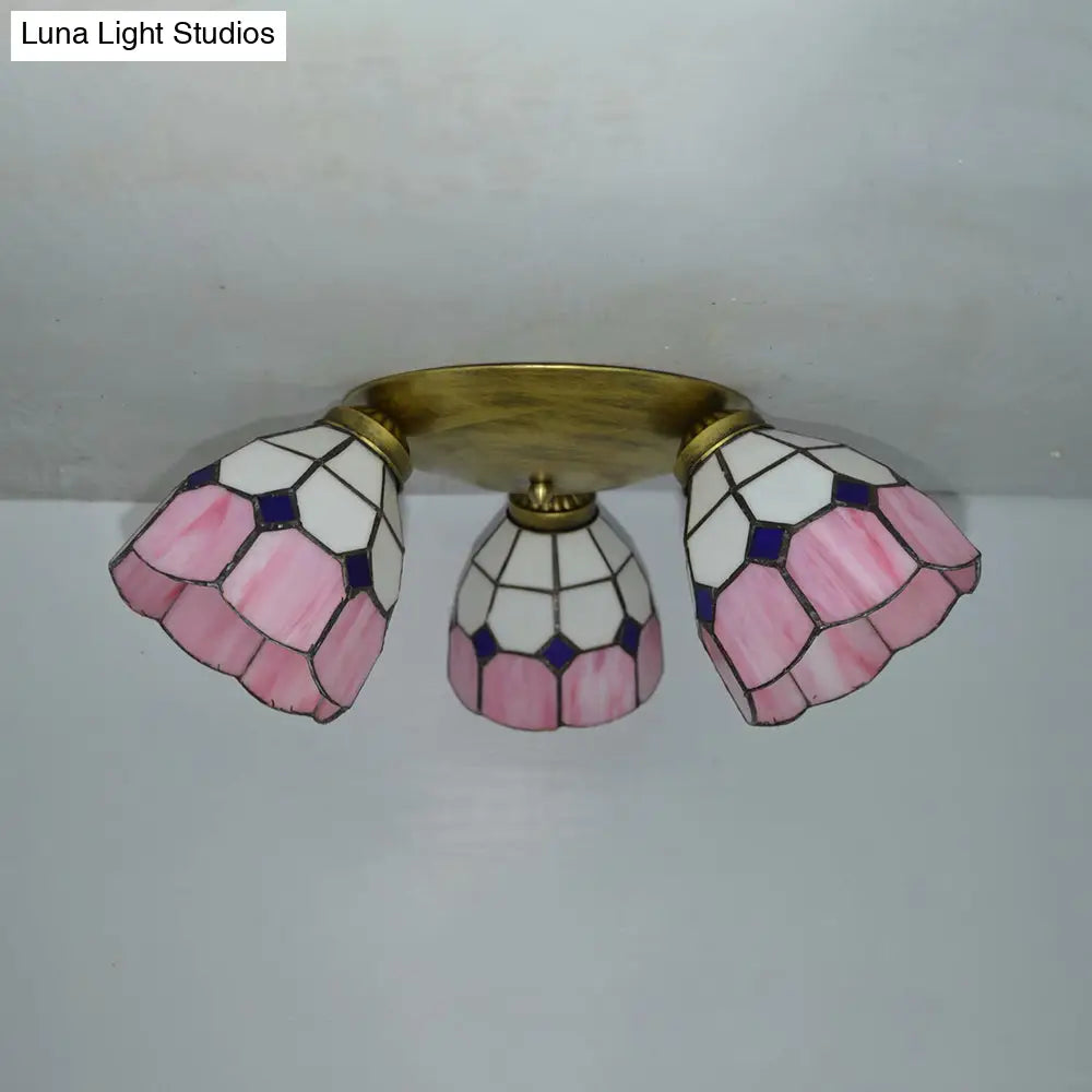 Tiffany Dome Stained Glass Ceiling Fixture with 3 Lights - Flush Mount Light in Colorful Hues, Perfect for Dining Room