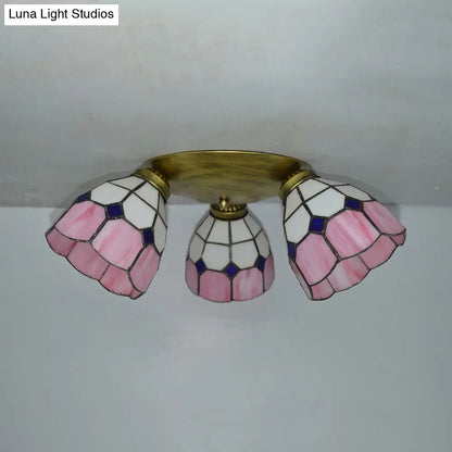 Tiffany Dome Stained Glass Ceiling Fixture with 3 Lights - Flush Mount Light in Colorful Hues, Perfect for Dining Room