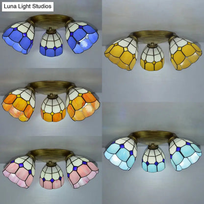 Tiffany Dome Stained Glass Ceiling Fixture with 3 Lights - Flush Mount Light in Colorful Hues, Perfect for Dining Room