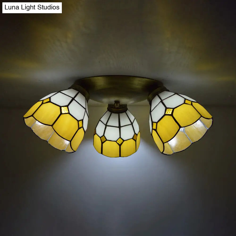 Tiffany Dome Stained Glass Ceiling Fixture with 3 Lights - Flush Mount Light in Colorful Hues, Perfect for Dining Room