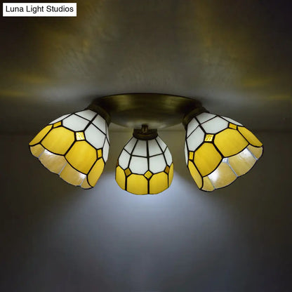 Tiffany Dome Stained Glass Ceiling Fixture with 3 Lights - Flush Mount Light in Colorful Hues, Perfect for Dining Room