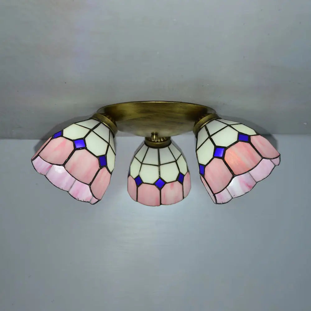 Tiffany Dome Stained Glass Ceiling Fixture with 3 Lights - Flush Mount Light in Colorful Hues, Perfect for Dining Room