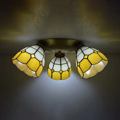 Tiffany Dome Stained Glass Ceiling Fixture with 3 Lights - Flush Mount Light in Colorful Hues, Perfect for Dining Room