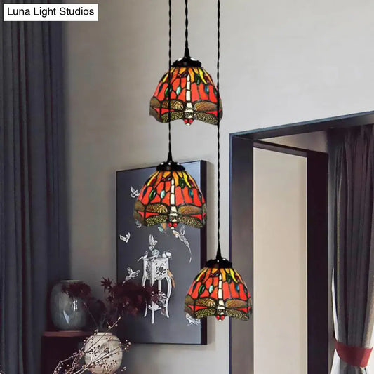 Tiffany Domed Stained Glass Ceiling Pendant Light with 3-Head Cluster Design in White/Red/Yellow, Dragonfly/Grape/Rose Pattern