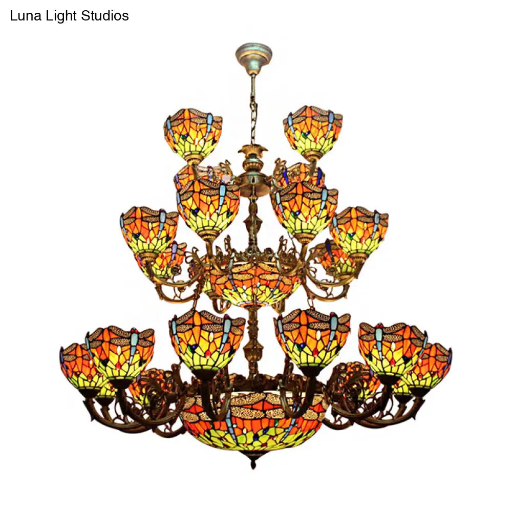 Tiffany Dragonfly Chandelier - 32 Stained Glass Lights, 3-Tier Hanging