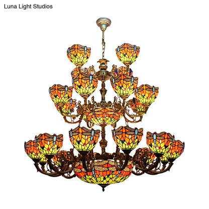 Tiffany Dragonfly Chandelier - 32 Stained Glass Lights, 3-Tier Hanging