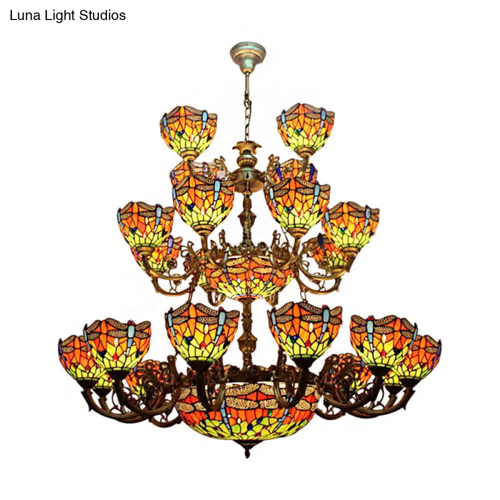 Tiffany Dragonfly Chandelier - 32 Stained Glass Lights, 3-Tier Hanging