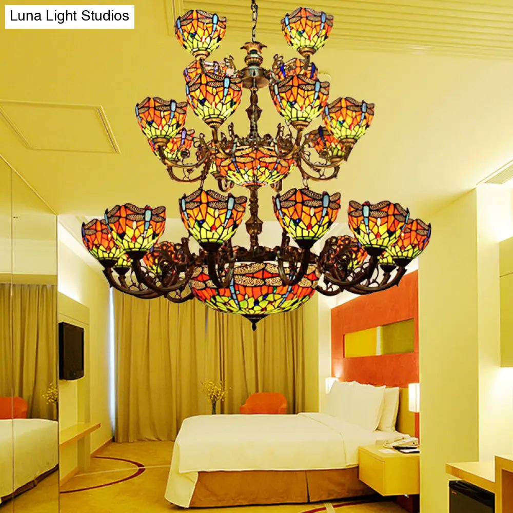 Tiffany Dragonfly Chandelier - 32 Stained Glass Lights, 3-Tier Hanging