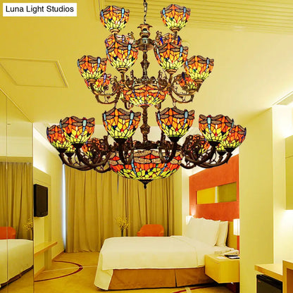 Tiffany Dragonfly Chandelier - 32 Stained Glass Lights, 3-Tier Hanging