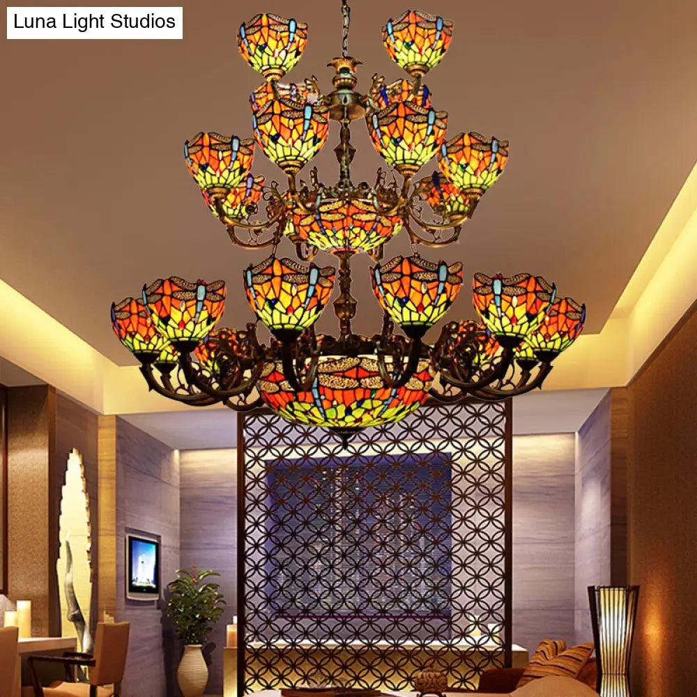 Tiffany Dragonfly Chandelier - 32 Stained Glass Lights, 3-Tier Hanging