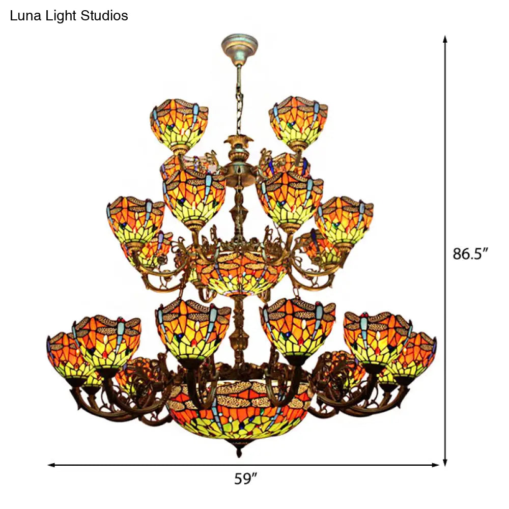 Tiffany Dragonfly Chandelier - 32 Stained Glass Lights, 3-Tier Hanging