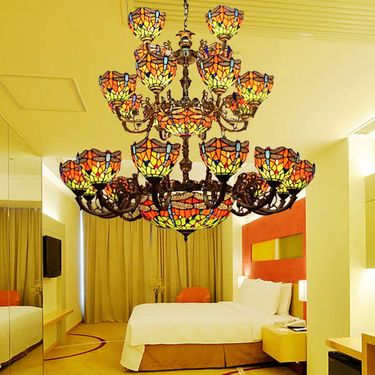 Tiffany Dragonfly Chandelier - 32 Stained Glass Lights, 3-Tier Hanging