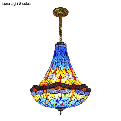 Tiffany Dragonfly Chandelier Light - 16"/19.5" Wide - Stained Glass - 5 Lights - Blue/Green Pendant Lighting for Dining Room