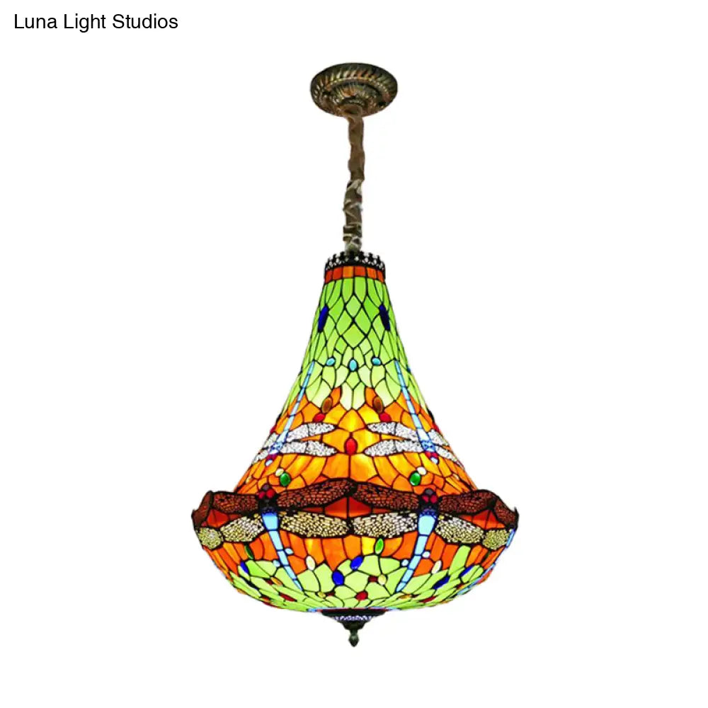Tiffany Dragonfly Chandelier Light - 16"/19.5" Wide - Stained Glass - 5 Lights - Blue/Green Pendant Lighting for Dining Room