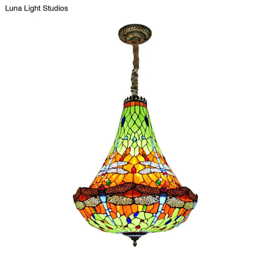 Tiffany Dragonfly Chandelier Light - 16"/19.5" Wide - Stained Glass - 5 Lights - Blue/Green Pendant Lighting for Dining Room