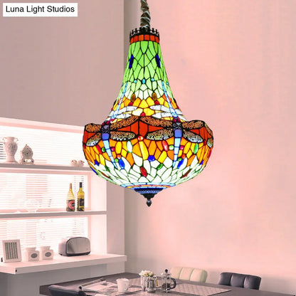 Tiffany Dragonfly Chandelier Light - 16"/19.5" Wide - Stained Glass - 5 Lights - Blue/Green Pendant Lighting for Dining Room