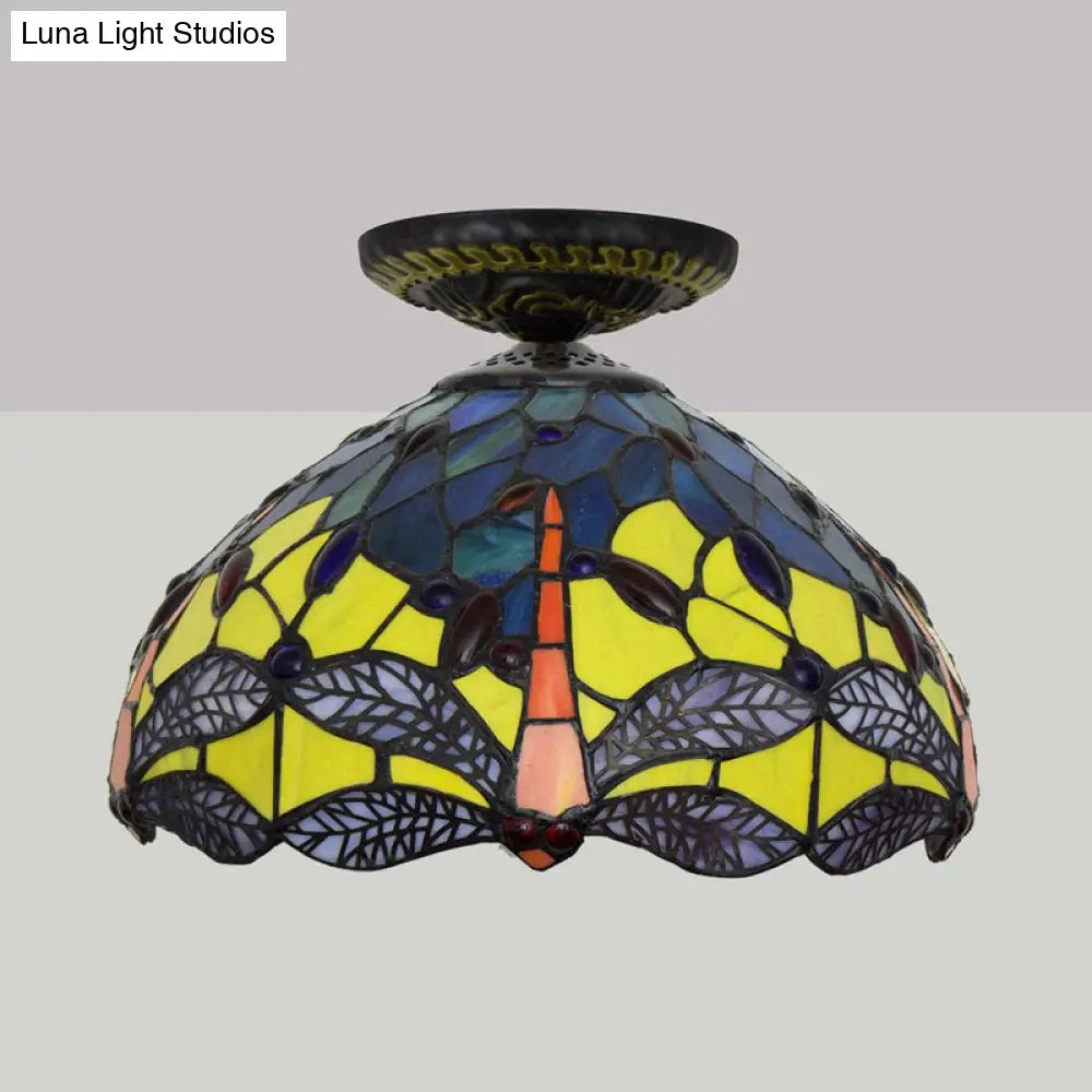 DecorBites™ DecorBites™ Tiffany Dragonfly Flush Mount Lamp - Stained Glass Close to Ceiling Lighting Fixture in Brass