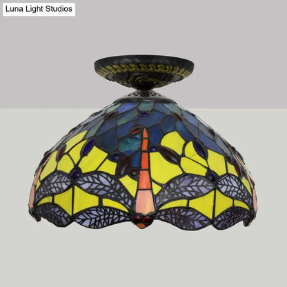 DecorBites™ DecorBites™ Tiffany Dragonfly Flush Mount Lamp - Stained Glass Close to Ceiling Lighting Fixture in Brass
