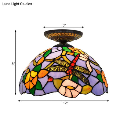 DecorBites™ DecorBites™ Tiffany Dragonfly Flush Mount Lamp - Stained Glass Close to Ceiling Lighting Fixture in Brass