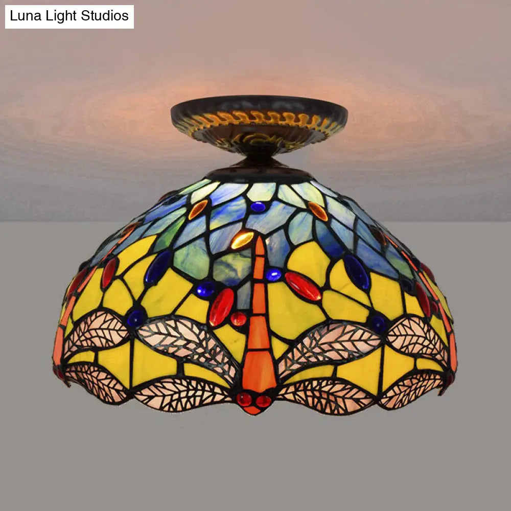 DecorBites™ DecorBites™ Tiffany Dragonfly Flush Mount Lamp - Stained Glass Close to Ceiling Lighting Fixture in Brass
