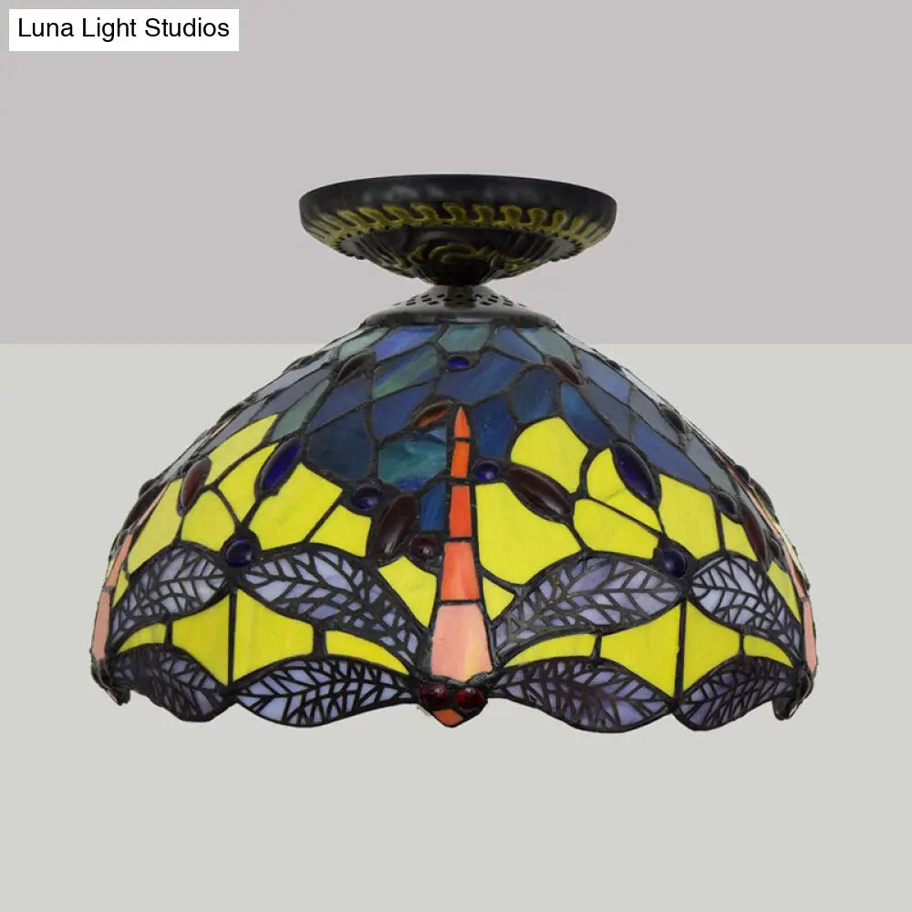 DecorBites™ DecorBites™ Tiffany Dragonfly Flush Mount Lamp - Stained Glass Close to Ceiling Lighting Fixture in Brass