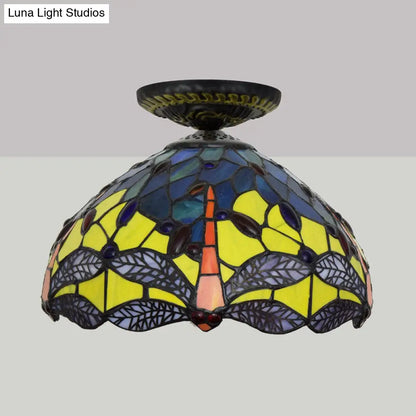 DecorBites™ DecorBites™ Tiffany Dragonfly Flush Mount Lamp - Stained Glass Close to Ceiling Lighting Fixture in Brass