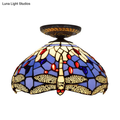 DecorBites™ DecorBites™ Tiffany Dragonfly Flush Mount Lamp - Stained Glass Close to Ceiling Lighting Fixture in Brass