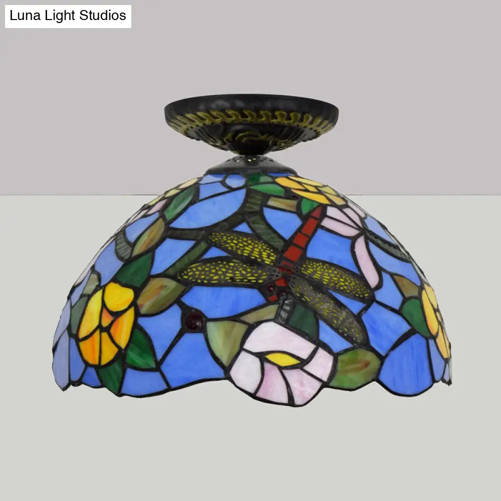 DecorBites™ DecorBites™ Tiffany Dragonfly Flush Mount Lamp - Stained Glass Close to Ceiling Lighting Fixture in Brass