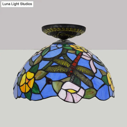 DecorBites™ DecorBites™ Tiffany Dragonfly Flush Mount Lamp - Stained Glass Close to Ceiling Lighting Fixture in Brass