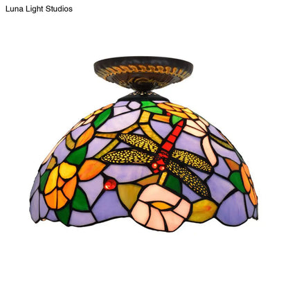 DecorBites™ DecorBites™ Tiffany Dragonfly Flush Mount Lamp - Stained Glass Close to Ceiling Lighting Fixture in Brass