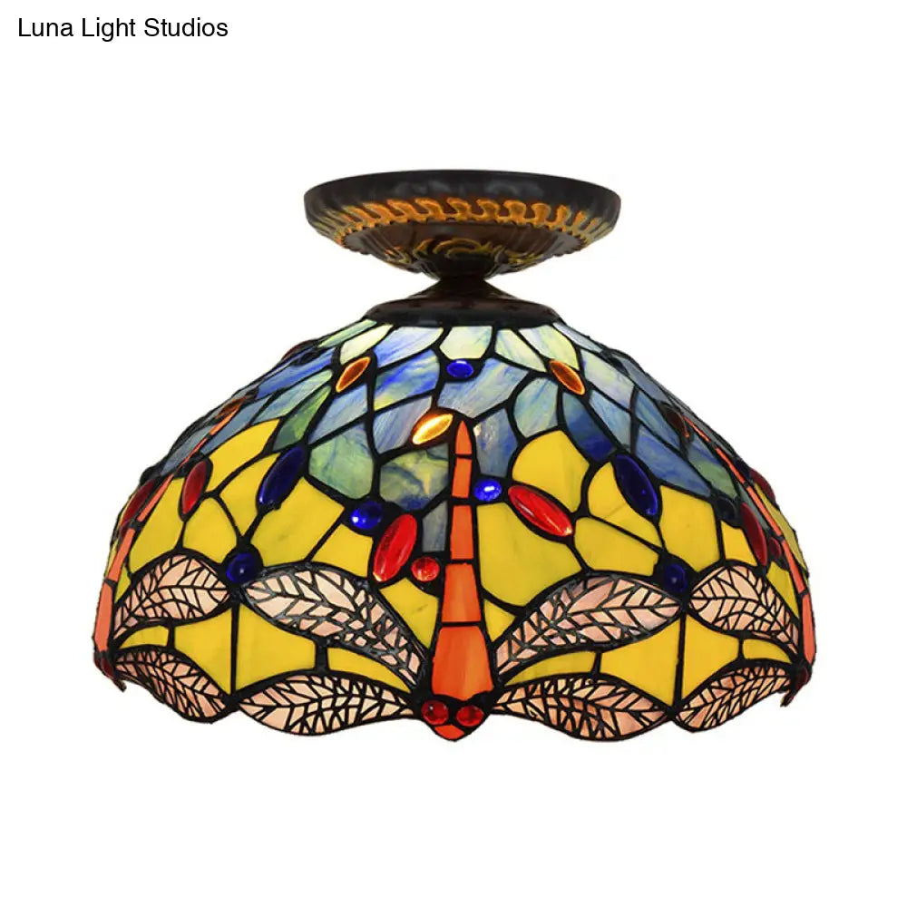 DecorBites™ DecorBites™ Tiffany Dragonfly Flush Mount Lamp - Stained Glass Close to Ceiling Lighting Fixture in Brass