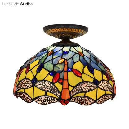 DecorBites™ DecorBites™ Tiffany Dragonfly Flush Mount Lamp - Stained Glass Close to Ceiling Lighting Fixture in Brass