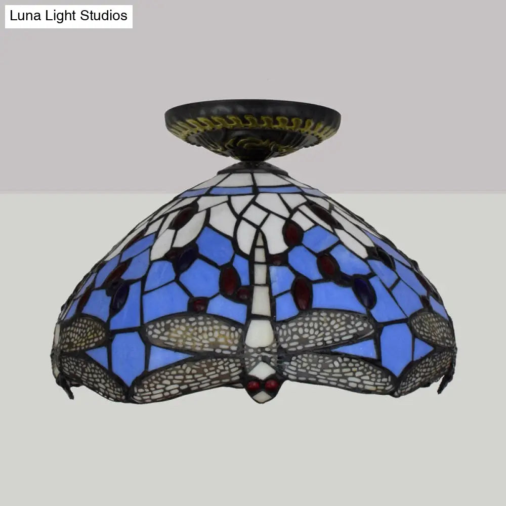 DecorBites™ DecorBites™ Tiffany Dragonfly Flush Mount Lamp - Stained Glass Close to Ceiling Lighting Fixture in Brass
