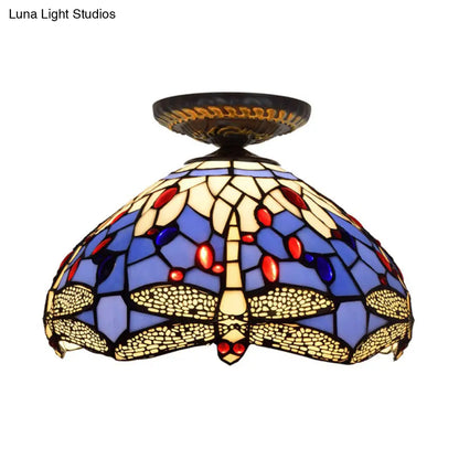 DecorBites™ DecorBites™ Tiffany Dragonfly Flush Mount Lamp - Stained Glass Close to Ceiling Lighting Fixture in Brass