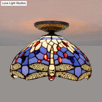 DecorBites™ DecorBites™ Tiffany Dragonfly Flush Mount Lamp - Stained Glass Close to Ceiling Lighting Fixture in Brass