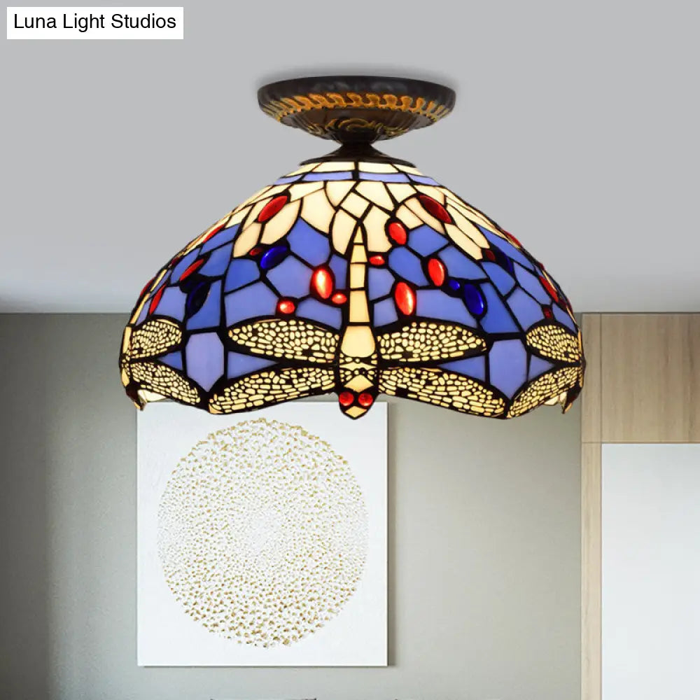 DecorBites™ DecorBites™ Tiffany Dragonfly Flush Mount Lamp - Stained Glass Close to Ceiling Lighting Fixture in Brass