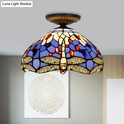 DecorBites™ DecorBites™ Tiffany Dragonfly Flush Mount Lamp - Stained Glass Close to Ceiling Lighting Fixture in Brass