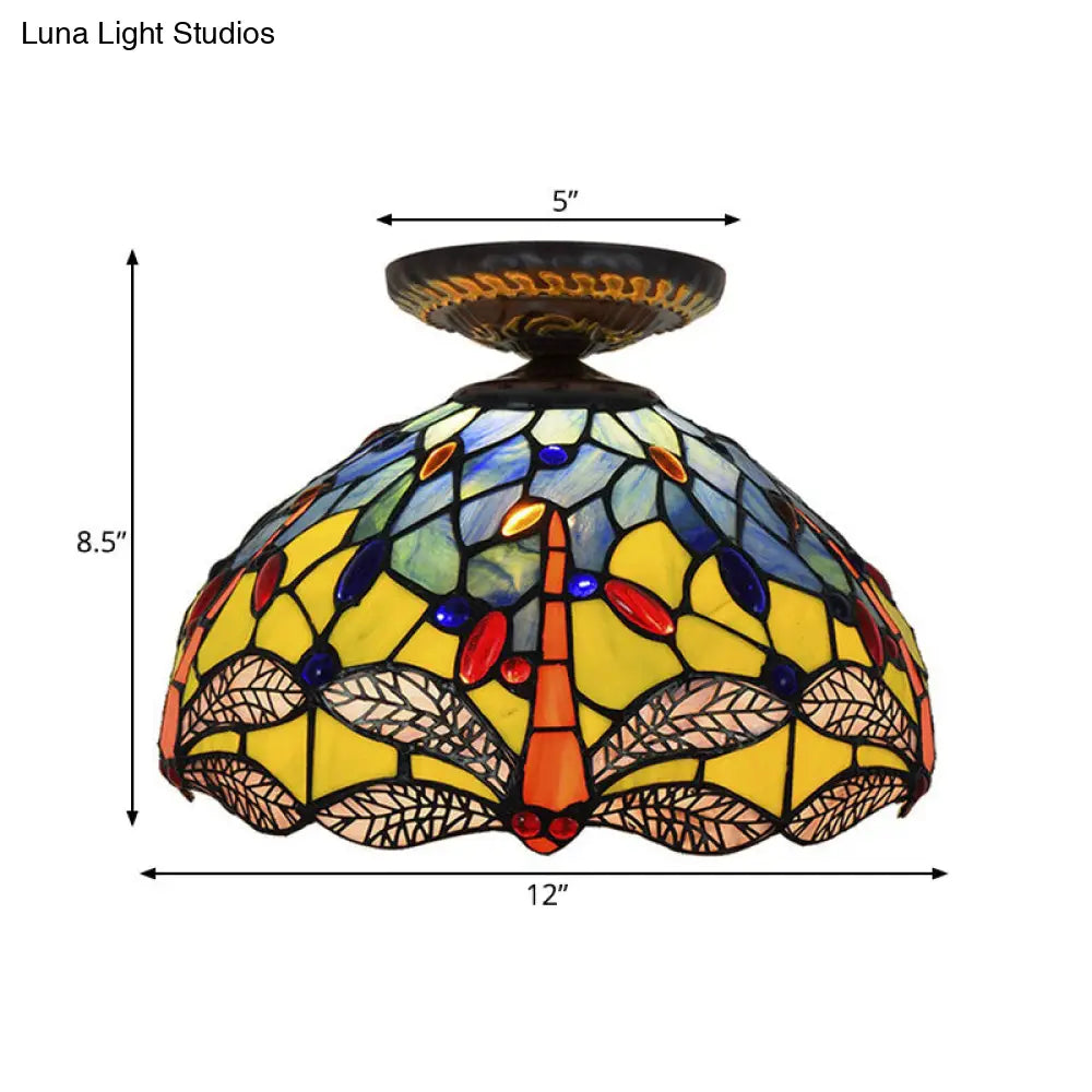 DecorBites™ DecorBites™ Tiffany Dragonfly Flush Mount Lamp - Stained Glass Close to Ceiling Lighting Fixture in Brass