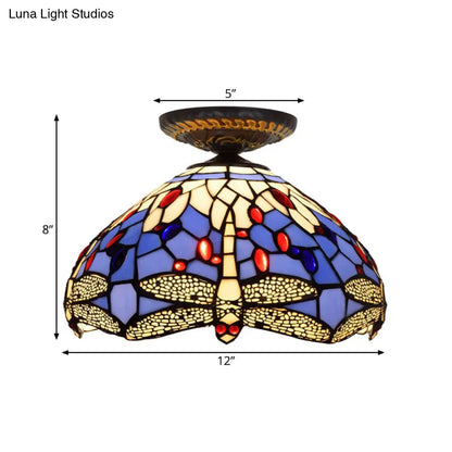 DecorBites™ DecorBites™ Tiffany Dragonfly Flush Mount Lamp - Stained Glass Close to Ceiling Lighting Fixture in Brass