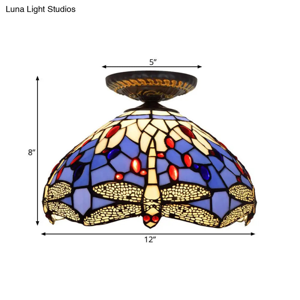 DecorBites™ DecorBites™ Tiffany Dragonfly Flush Mount Lamp - Stained Glass Close to Ceiling Lighting Fixture in Brass