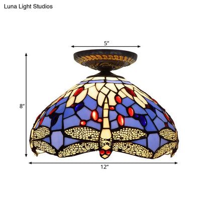 DecorBites™ DecorBites™ Tiffany Dragonfly Flush Mount Lamp - Stained Glass Close to Ceiling Lighting Fixture in Brass