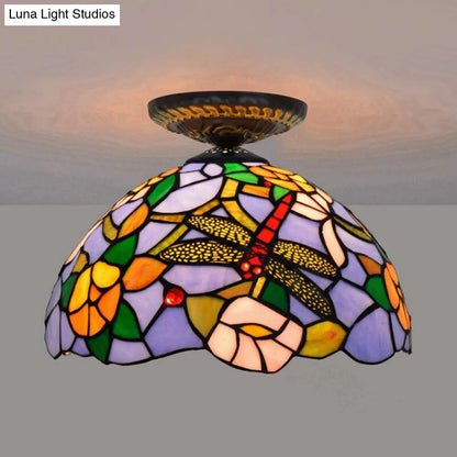 DecorBites™ DecorBites™ Tiffany Dragonfly Flush Mount Lamp - Stained Glass Close to Ceiling Lighting Fixture in Brass