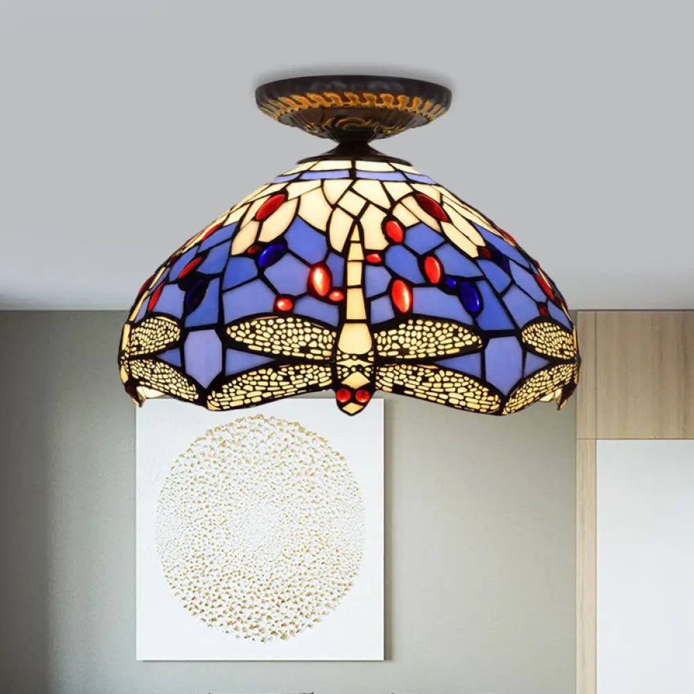 DecorBites™ DecorBites™ Tiffany Dragonfly Flush Mount Lamp - Stained Glass Close to Ceiling Lighting Fixture in Brass