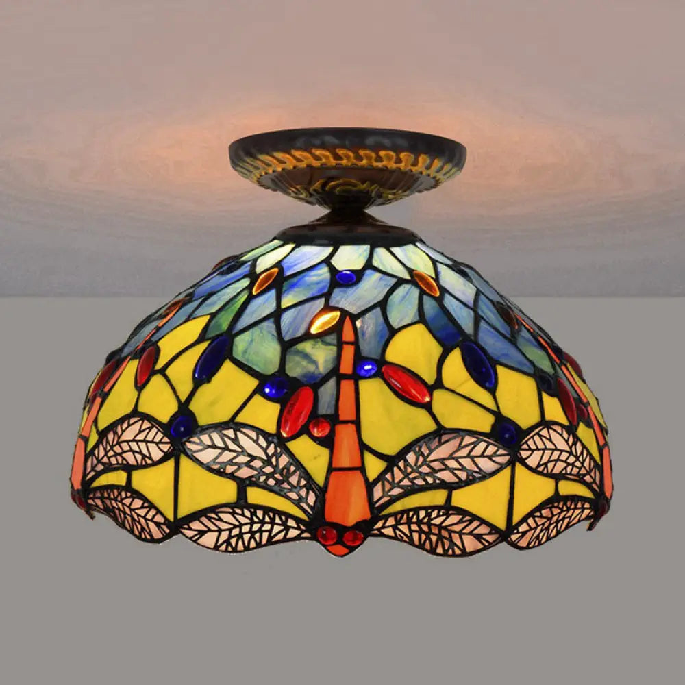 DecorBites™ DecorBites™ Tiffany Dragonfly Flush Mount Lamp - Stained Glass Close to Ceiling Lighting Fixture in Brass