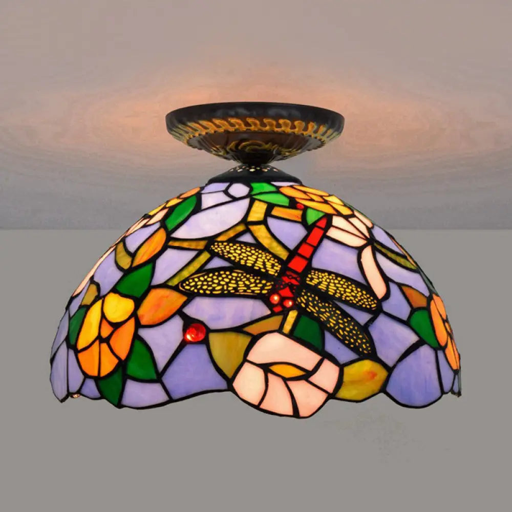 DecorBites™ DecorBites™ Tiffany Dragonfly Flush Mount Lamp - Stained Glass Close to Ceiling Lighting Fixture in Brass
