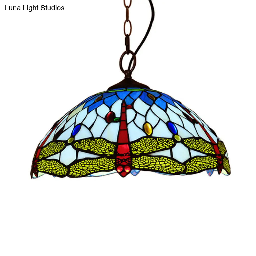 Tiffany Dragonfly Pendant Ceiling Light - 1-Light Stained Glass Fixture in Red/Yellow/Blue for Kitchen