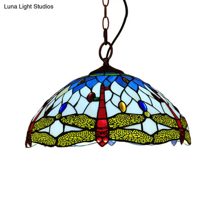 Tiffany Dragonfly Pendant Ceiling Light - 1-Light Stained Glass Fixture in Red/Yellow/Blue for Kitchen