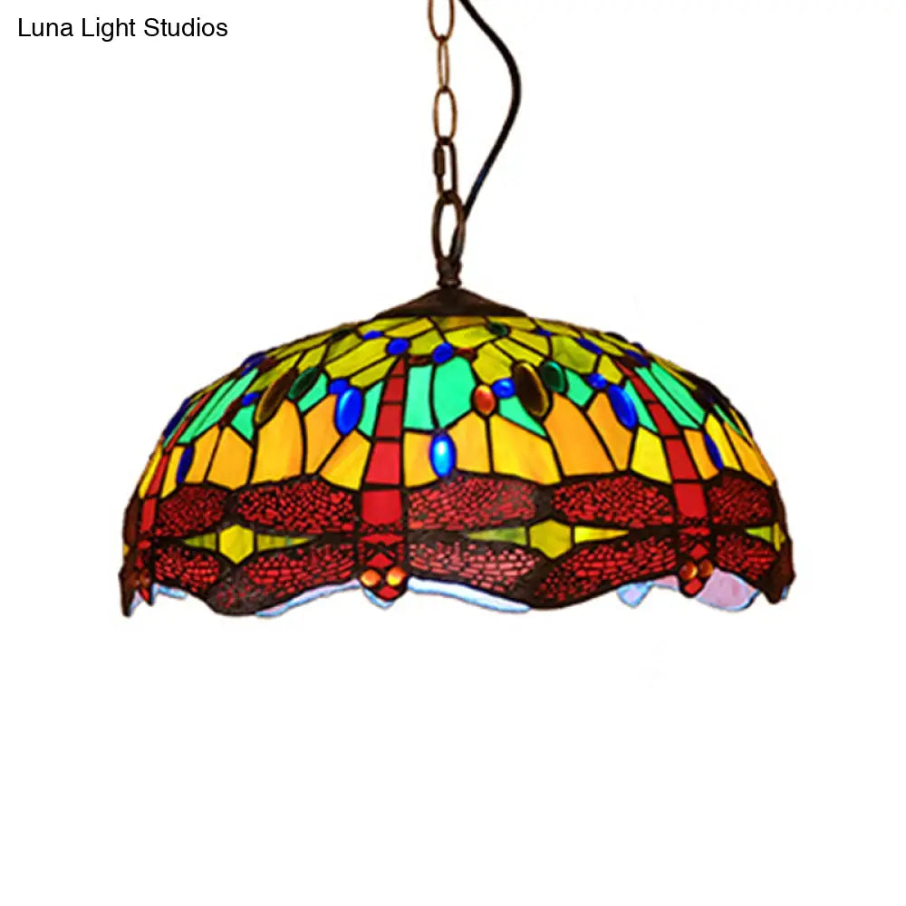 Tiffany Dragonfly Pendant Ceiling Light - 1-Light Stained Glass Fixture in Red/Yellow/Blue for Kitchen