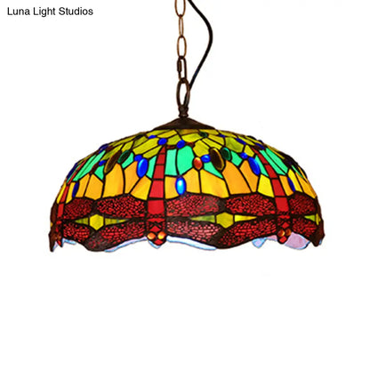 Tiffany Dragonfly Pendant Ceiling Light - 1-Light Stained Glass Fixture in Red/Yellow/Blue for Kitchen